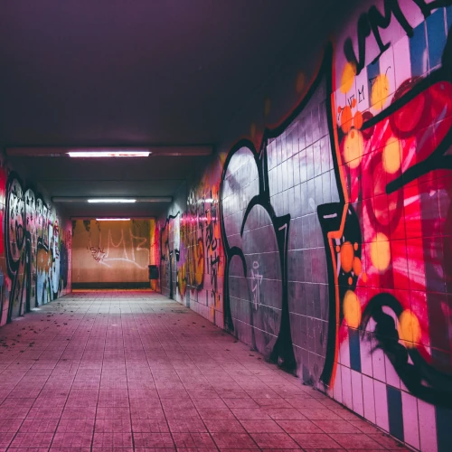 Teaser Lila beleuchtetes Graffiti in einem Tunnel steht für Graffitientfernung